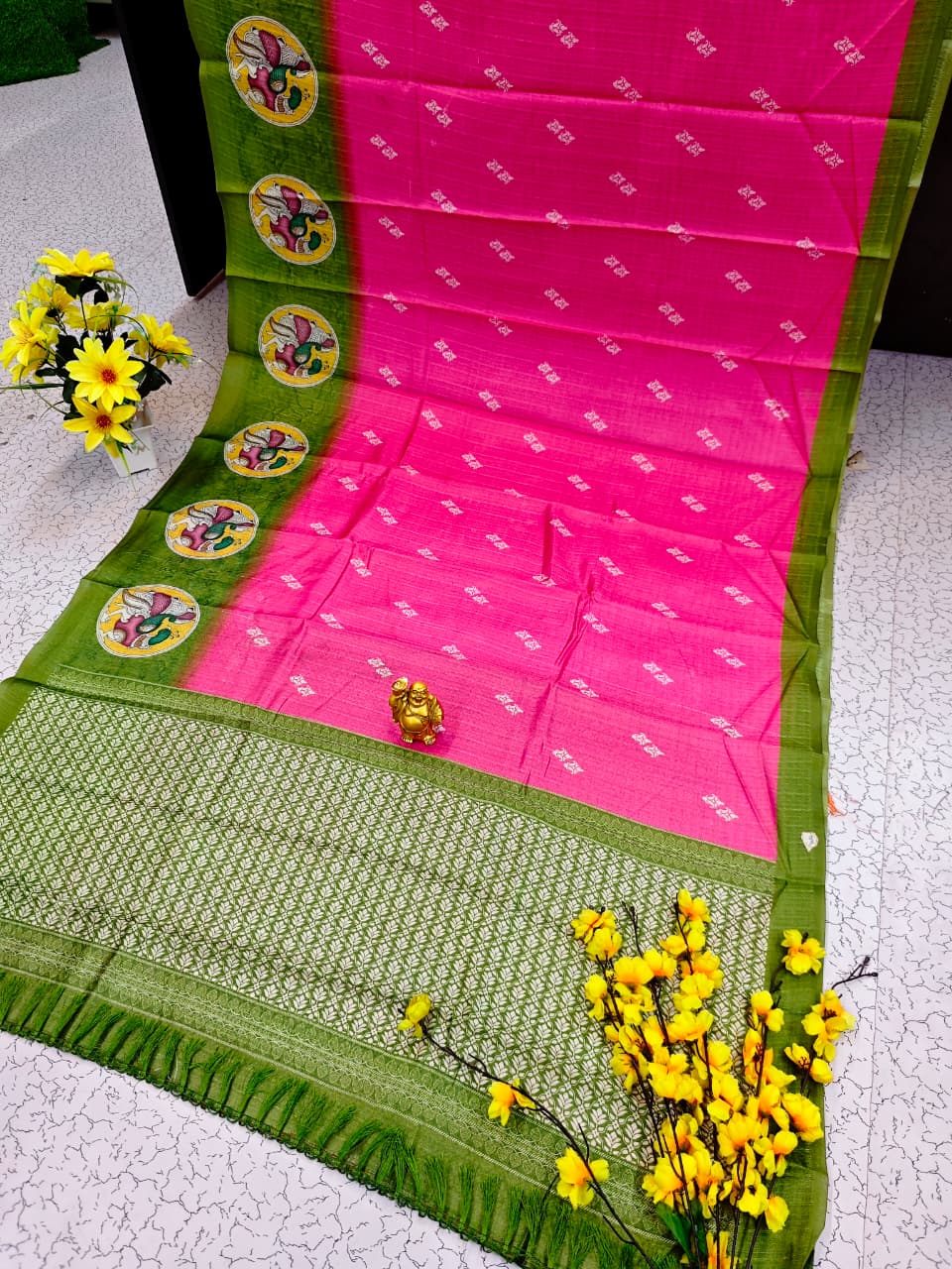 Traditional Temple FANCY PRINT SOFT COTTON SAREES - Orange & Royal Blue
